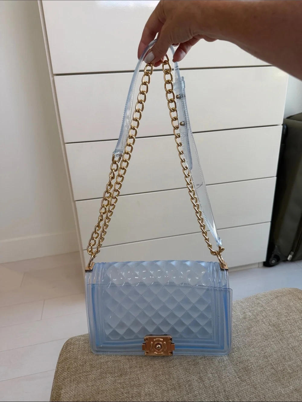 Clear Quilted Stadium Shoulder Bag with Gold Accents
